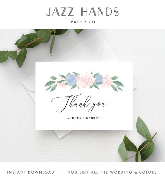Thank You Card Template with Dusty Blue and Pink Floral Design, Fully Editable Colors and Wording with Templett, 137V10 Il_570xn