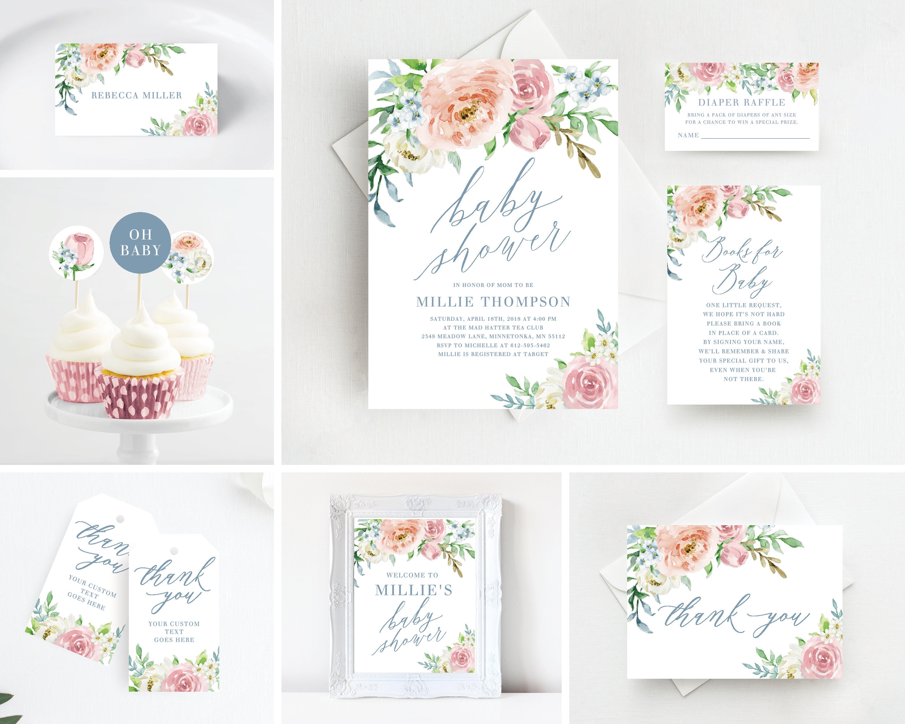 Floral Baby Shower Invitation Bundle Template Printable Floral | Etsy