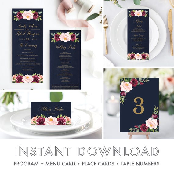 Printable Marsala Wedding Program Template, Ceremony Program, Marsala Wedding, watercolor ...