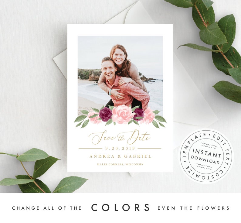 Blush Pink and Burgundy Floral Fully Editable Colors and Wording Photo Save the Date Template