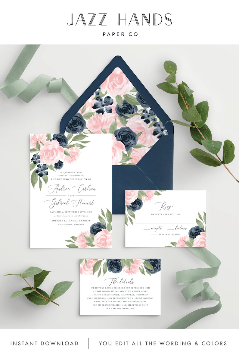 Wedding Invitation Template with Envelope Liners, Wedding Invitations, Wedding Invitation Set, Wedding Invitation Suite, Floral Pink Navy Wedding Invitation Template with Envelope Liners, Wedding Invitations, Wedding Invitation Set, Wedding Invitation Suite, Floral Pink Navy