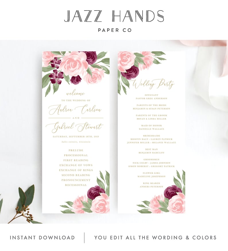 Order of Ceremony Ceremony Program Printable Wedding Programs Wedding Program Template Templett Burgundy and Blush Pink Floral