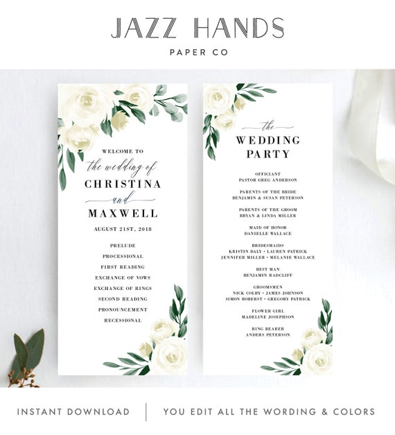 Greenery Wedding Program Template, Printable Ceremony Programs, DIY Editable Template, 139V1 Il_570xn