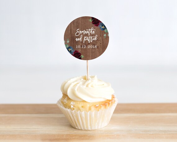 Rustic Wood Marsala Cupcake Toppers, Bridal Shower Cupcake Toppers, Engagement Cupcake Toppers, Wedding Decor, Bridal Shower Decor, 132 Il_570xn