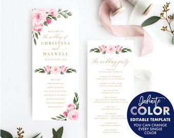 Wedding Programs Template, Colors and Text Fully Editable, Blush Floral and Gold, Edit with Templett
