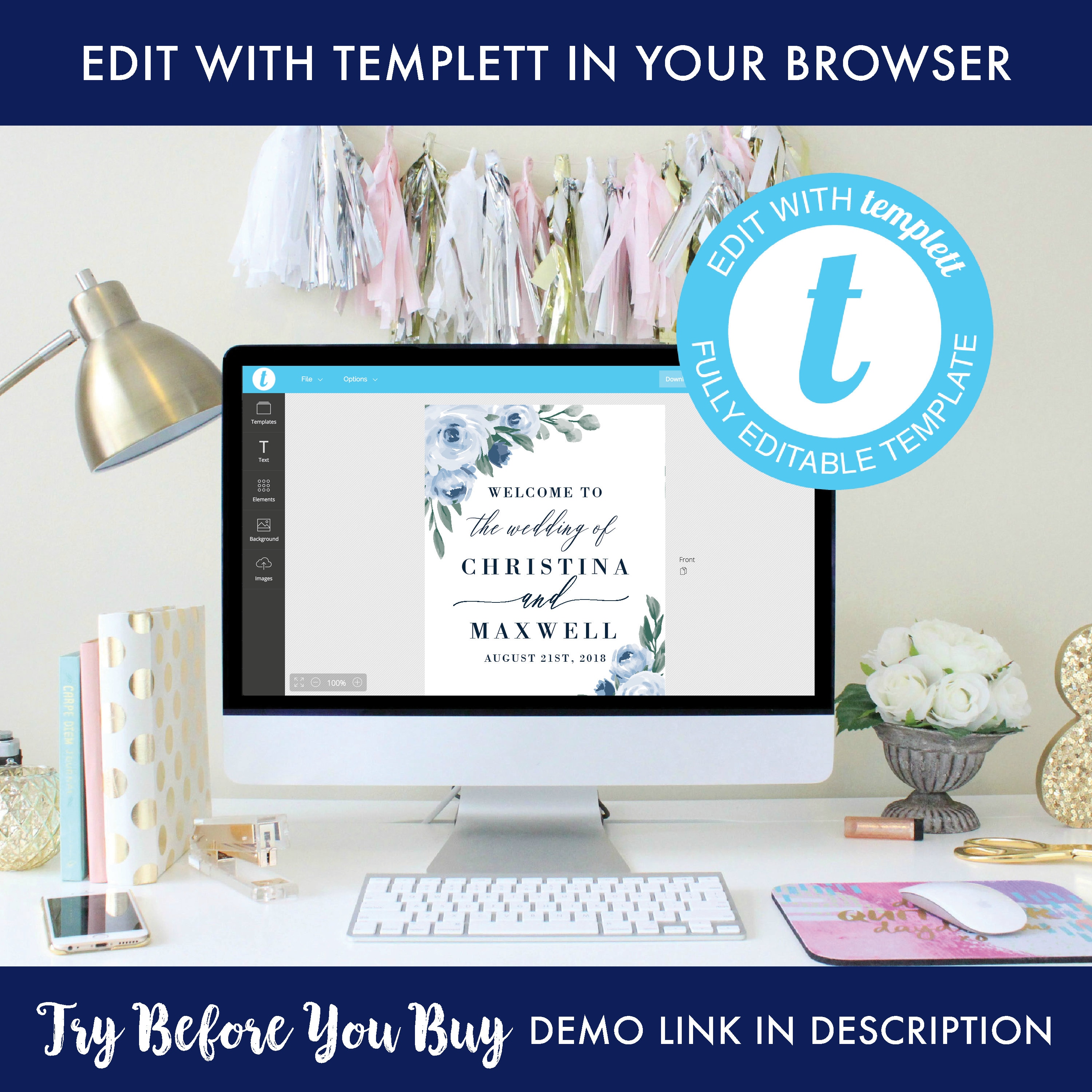 Printable Wedding Sign #B97 Dusty Blue Wedding Welcome Sign Template Templett Blue Floral Wedding Welcome Sign