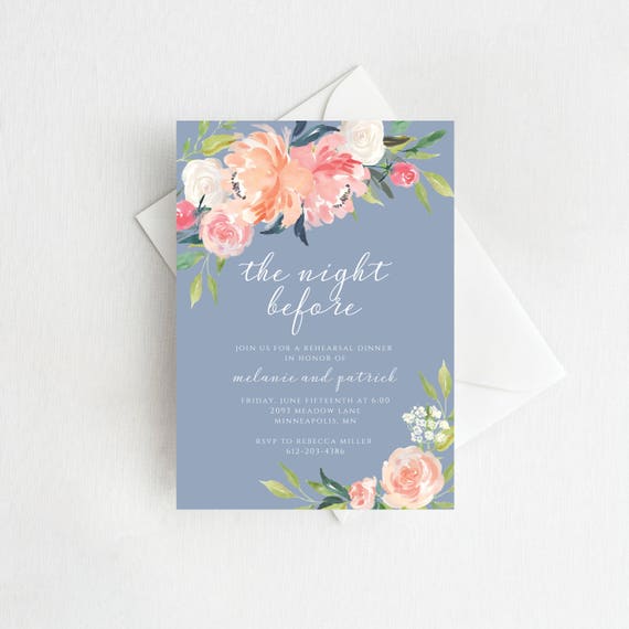 Rehearsal Dinner Invitation, The Night Before Invitation, Rehearsal Dinner Invite Template, watercolor, roses, dusty blue, 109 Il_570xn