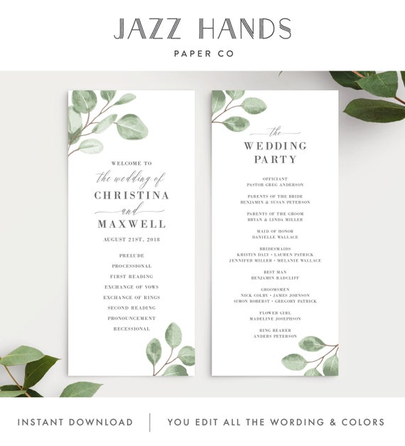 Watercolor Eucalyptus Greenery Wedding Program Template, 139V6 Il_570xn