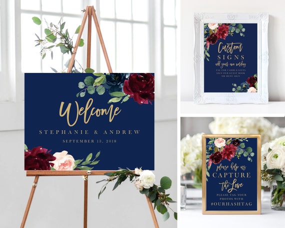 EDITABLE Bridal Shower Welcome sign template Printable floral burgundy marsala signs Edit in TEMPLETT Instant download