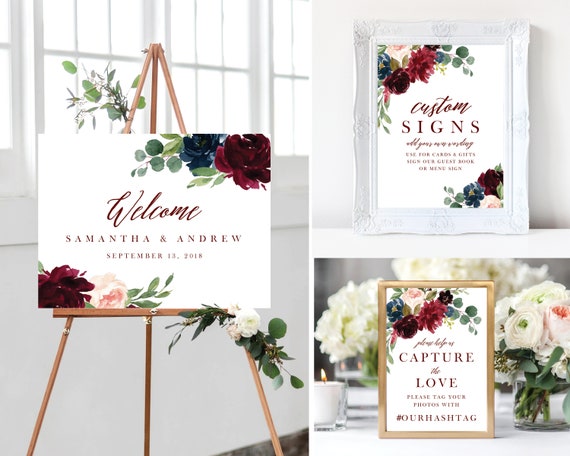 Wedding Sign Bundle Wedding Welcome Sign Marsala Burgundy Watercolor Floral Boho Wedding Reception Sign Bridal Wedding Welcome Poster 112 Il_570xn