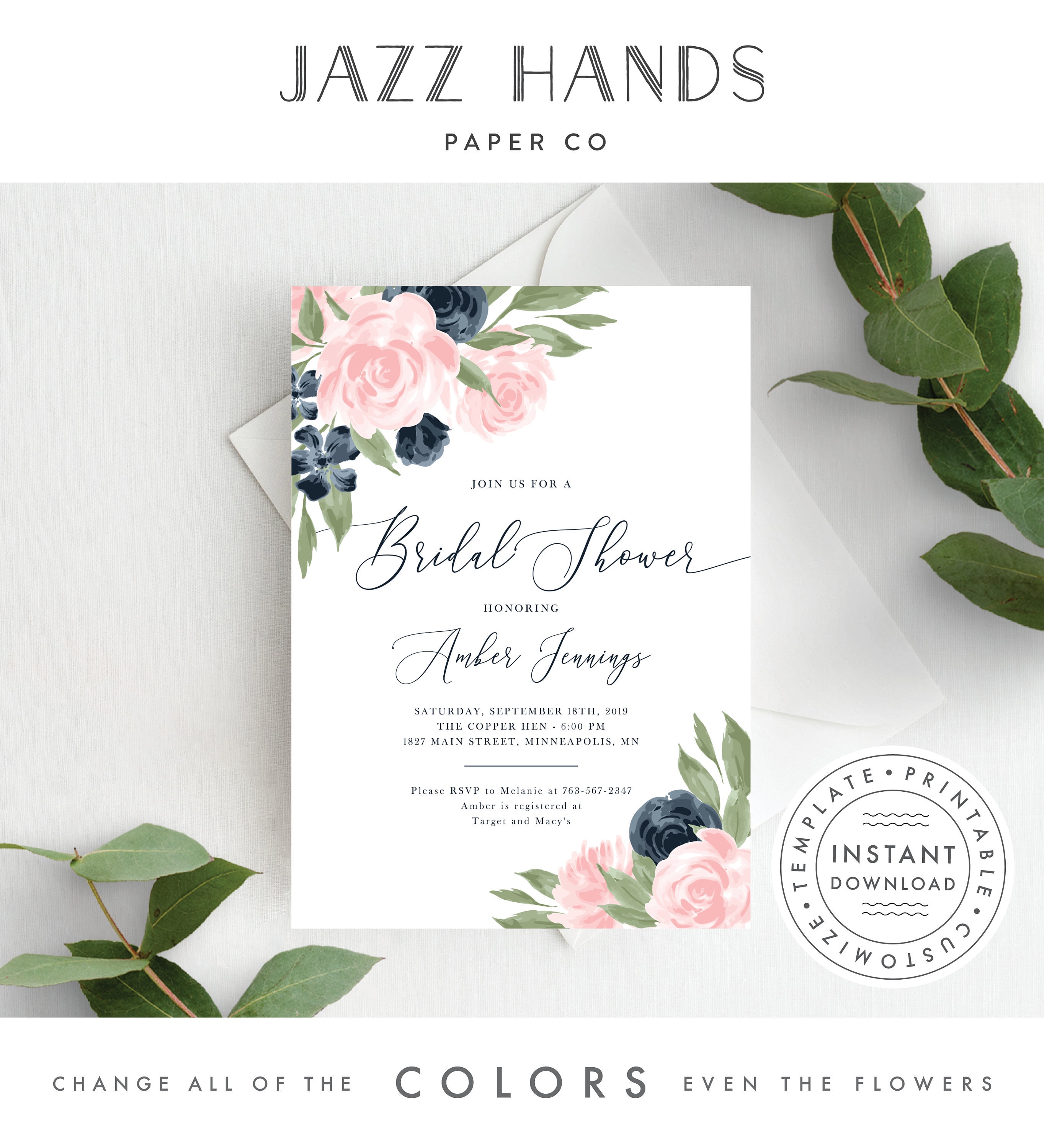 Bridal Shower Invitation Template Blush Pink and Navy Floral | Etsy