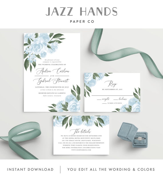 Dusty Blue Wedding Invitation Template, Colors and Text Fully Editable, Printable Invitation Kit, Instant Download, Templett, 137V15 Il_570xn