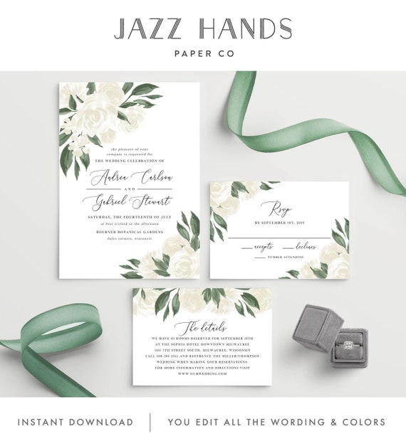 Wedding Invitation Template, Colors and Text Fully Editable, White Floral Greenery, Instant Download, Templett, 137V12 Il_570xn