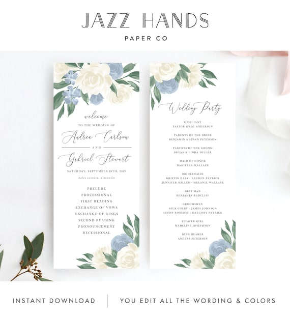 Wedding Program Template With Dusty Blue And White Floral Design