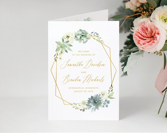 Greenery Gold Folded Wedding Program Template Watercolor