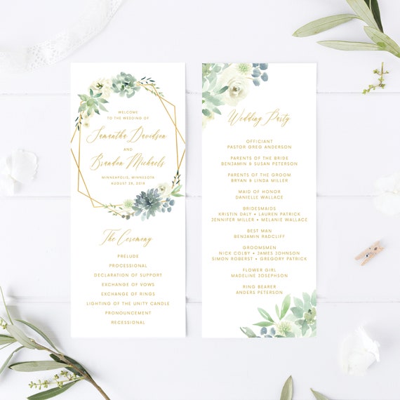 Greenery Gold Wedding Program Template, Watercolor Succulents and Florals, Instant Download, Printable Tall Program Il_570xn