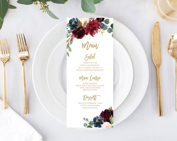 Wedding Menu Printable Template, Printable Menu,Menu Template, Dinner Menu, Marsala Navy Burgundy, Instant Download, Edit with Templett, 131 Il_570xn