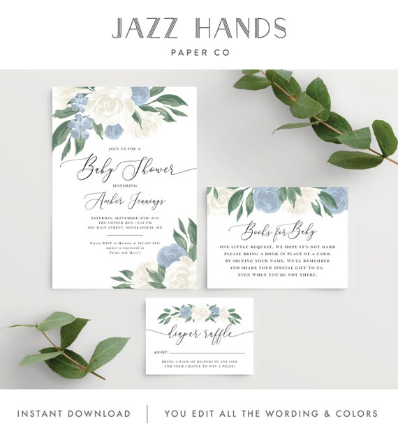 Baby Shower Invitation Template, Baby Shower Invitation Kit Includes Diaper Raffle and Books for Baby, Instant Download, 137V8 Il_570xn