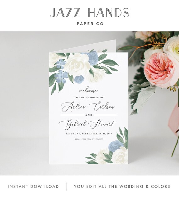 Folded Wedding Ceremony Program Template with Dusty Blue and White Floral Design, Fully Editable Colors and Wording with Templett, 137V8 Il_570xn