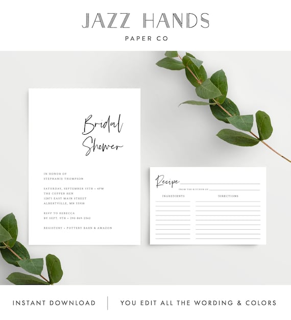 Minimalist Bridal Shower Invitation Set Template with Recipe Card (4x6), Simple Bridal Shower Invite, Instant Download, 148 Il_570xn