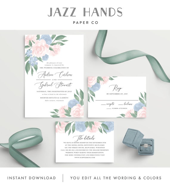 Wedding Invitation Template, Colors and Text Fully Editable, Dusty Blue and Pink Floral, Instant Download, Templett, 137V10 Il_570xn