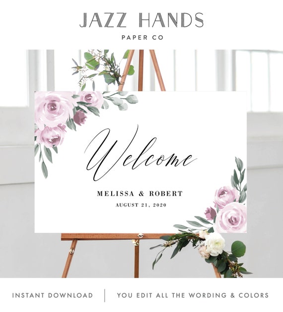 Wedding Welcome Sign Template, Purple Lavender Floral Design, Fully Editable Colors and Wording with Templett, 139V2 Il_570xn