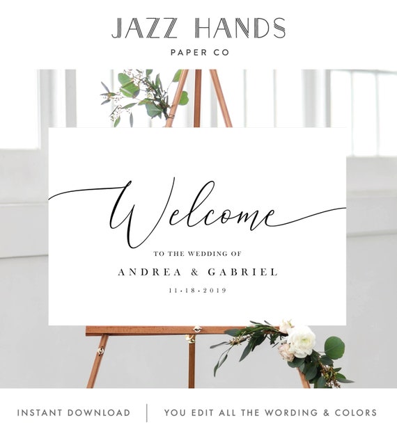 Wedding Welcome Sign Template, Minimal Calligraphy White and Black, Fully Editable Colors and Wording with Templett, 137V18 Il_570xn