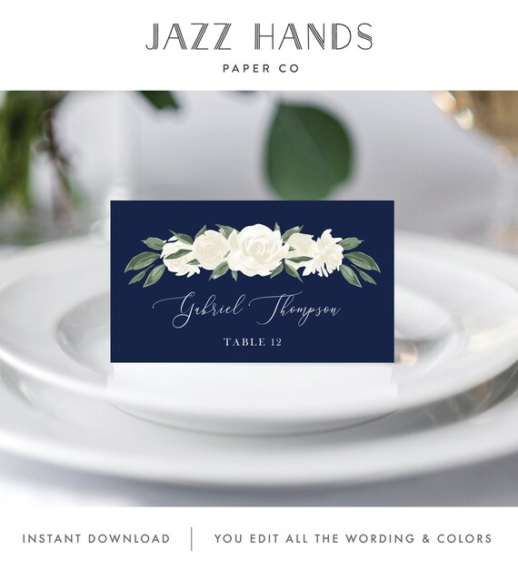 Wedding Place Cards Template with White and Navy Floral Design, Fully Editable Colors and Wording with Templett, 137V17 Il_570xn