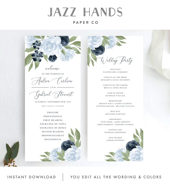 Wedding Program Template With Dusty Blue And Navy Floral Design