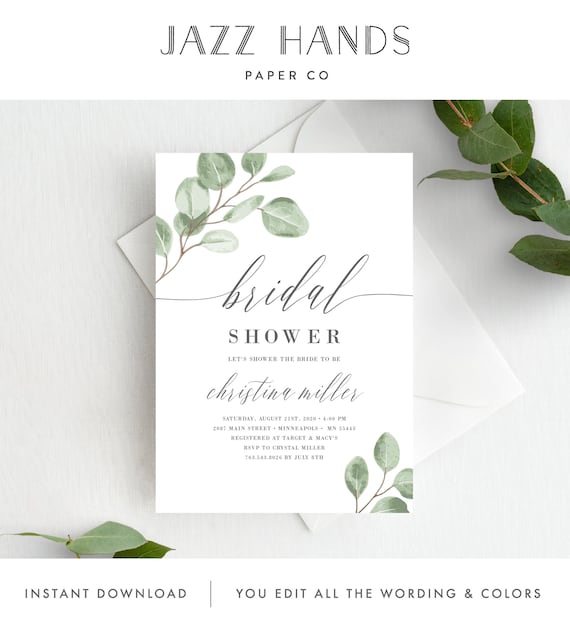 Bridal Shower Invitation Template, Greenery Eucalyptus Editable Invite Template, Instant Download, 139V6 Il_570xn