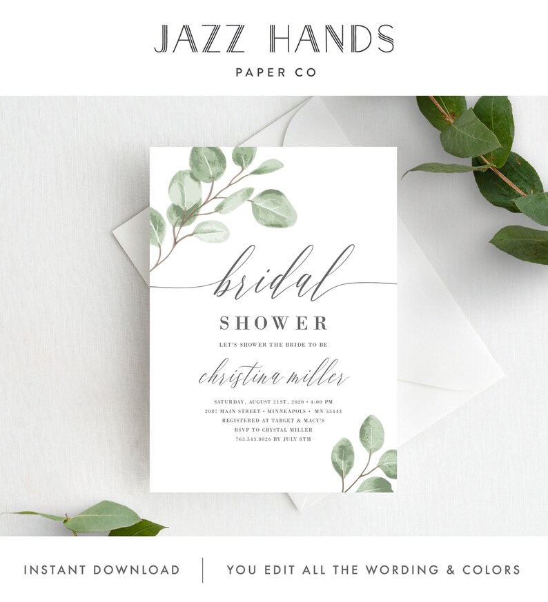 Bridal Shower Invitation Template, Greenery Eucalyptus Editable Invite Template, Instant Download, 139V6 