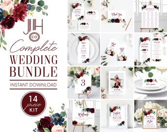 Wedding Invitation Template Kit, Burgundy Marsala Floral Watercolor, Program Template, Save the Date Template, Welcome Sign, Seating Chart
