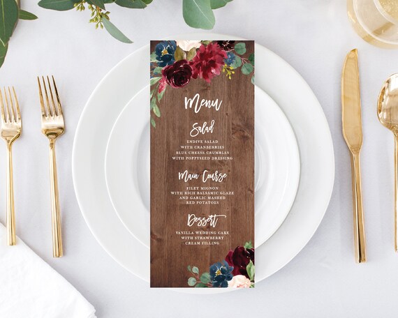 Wedding Menu Printable Template, Printable Menu,Menu Template, Dinner Menu, Marsala Navy Burgundy, Instant Download, Edit with Templett, 132 Il_570xn