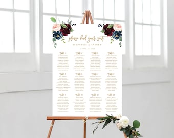 Wedding Seating Chart, Seating Chart Printable, Marsala Navy, Seating Chart Template, Wedding Sign, Instant Download, Templett, 131