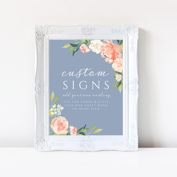 Wedding Signs Template Dusty Blue Peach Pink Floral, Guest Book Sign, Gifts and Cards, Edit with Templett 109 Il_570xn