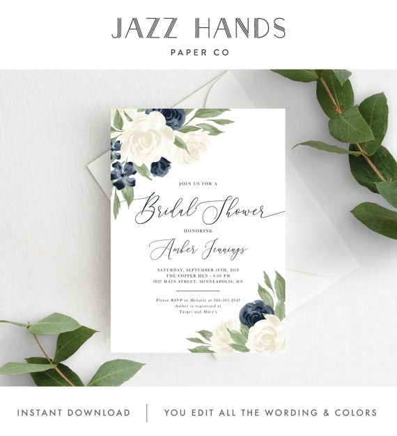 Bridal Shower Invitation Template, White and Navy Floral, Bridal Shower Invite, Printable, Instant Download, Templett Il_570xn