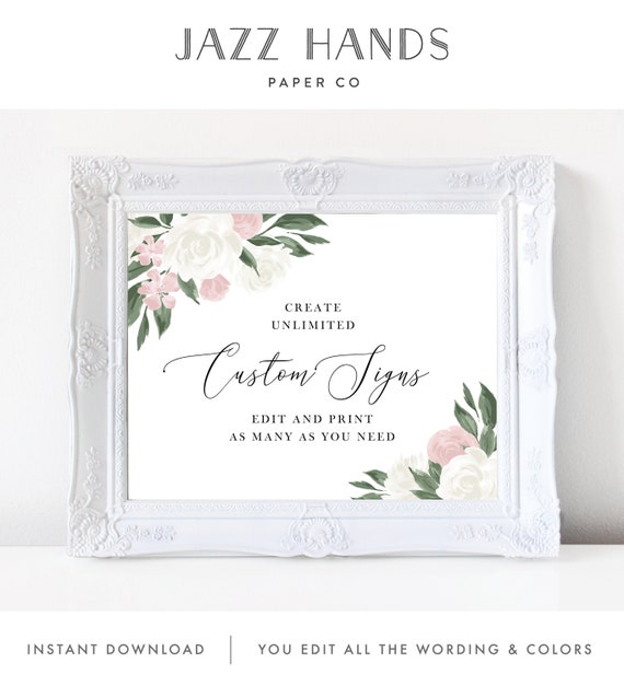 Wedding Sign Template with Blush Pink and White Floral Design, Fully Editable Colors and Wording with Templett, 137V11 Il_570xn