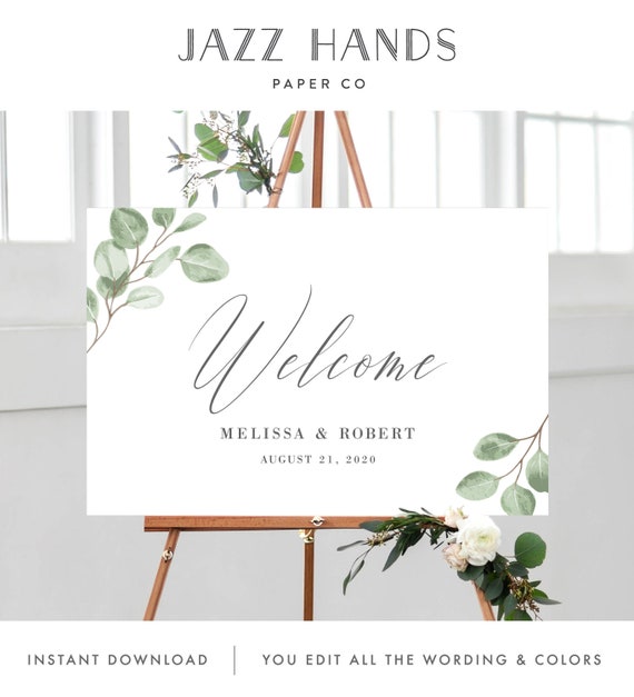 Welcome Sign Template for Wedding, Eucalyptus Greenery Minimalist, 100% Editable with Templett Instant Download, 139V6 Il_570xn