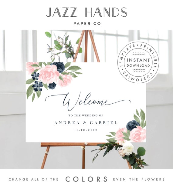 Wedding Welcome Sign Template Navy Pink Blush and Greenery 137V1WED Il_570xn