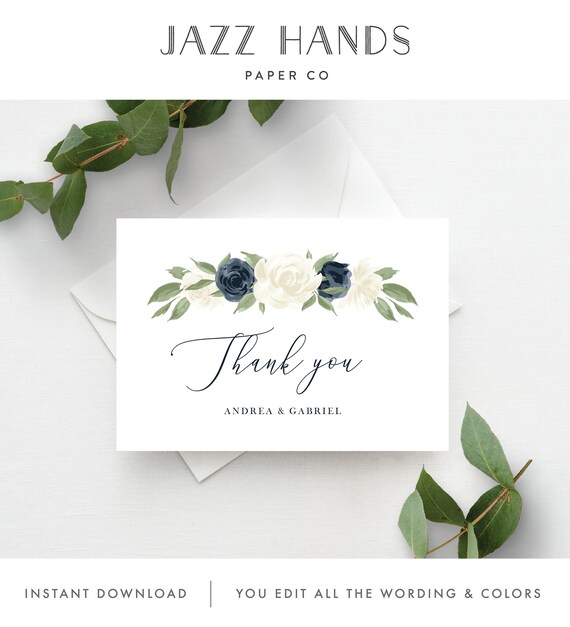 Thank You Card Template, Thank You Cards, Instant Download, Editable Template, Navy and White Floral Printable Il_570xn