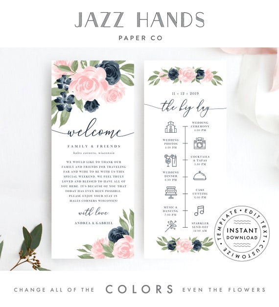 Wedding Itinerary Template, Blush Pink and Navy Blue Floral Design 137V1WED Il_570xn