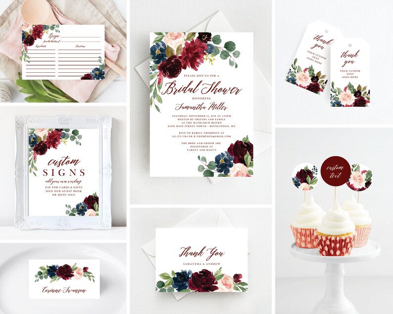 Marsala Burgundy Floral Bridal Shower Invitation Template Printable Bridal Shower Decor Bridal Shower Decorations 112