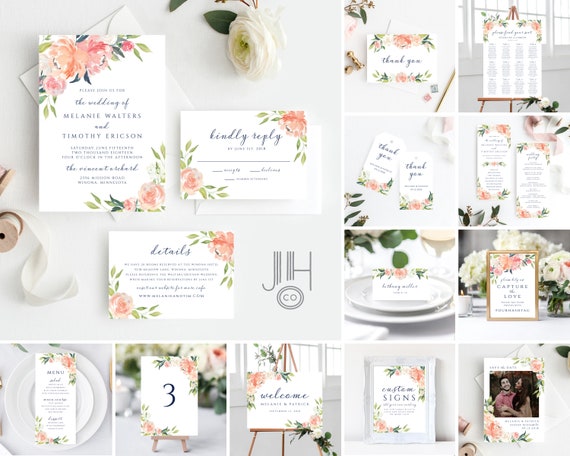 INSTANT DOWNLOAD Wedding Invitation Template Set includes 14 Templates, Navy Blush Floral, Invitations, Printable, Templett, 123 Il_570xn
