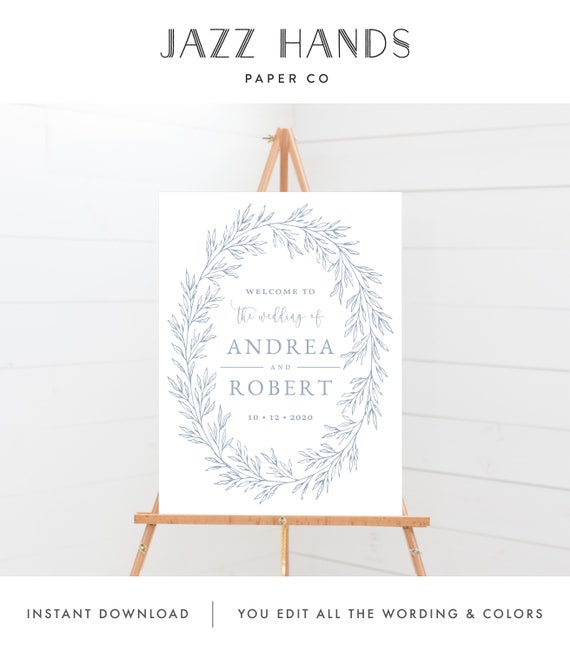 Wedding Welcome Sign Template, Minimal Calligraphy, Fully Editable Colors and Wording with Templett, Olivia in Dusty Blue Il_570xn