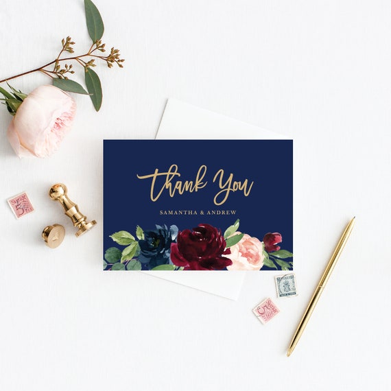 Thank You Card Template, Wedding Thank You Cards, Printable Thank You Cards, Marsala Navy Floral Wedding, Instant Download, Templett, 119 Il_570xn