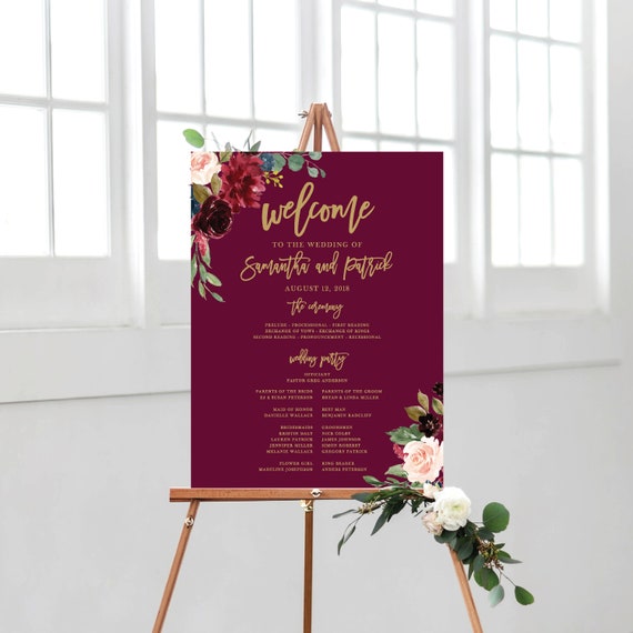 wedding program sign welcome wedding sign burgundy program etsy