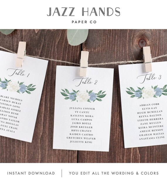 Wedding Seating Chart Cards Template with Dusty Blue and White Floral Design, Fully Editable Colors and Wording with Templett, 137V8 Il_570xn