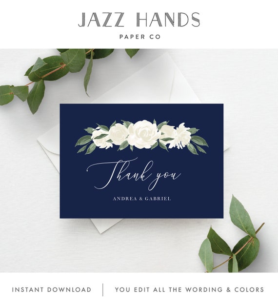 Wedding Thank You Cards Template with Navy and White Floral Design, Fully Editable Colors and Wording with Templett, 137V17 Il_570xn