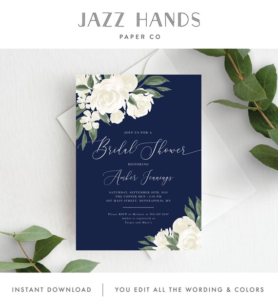 Bridal Shower Invitation Template, Editable Invite Template, Instant Download, Navy and White Floral, 137V17 Il_570xn