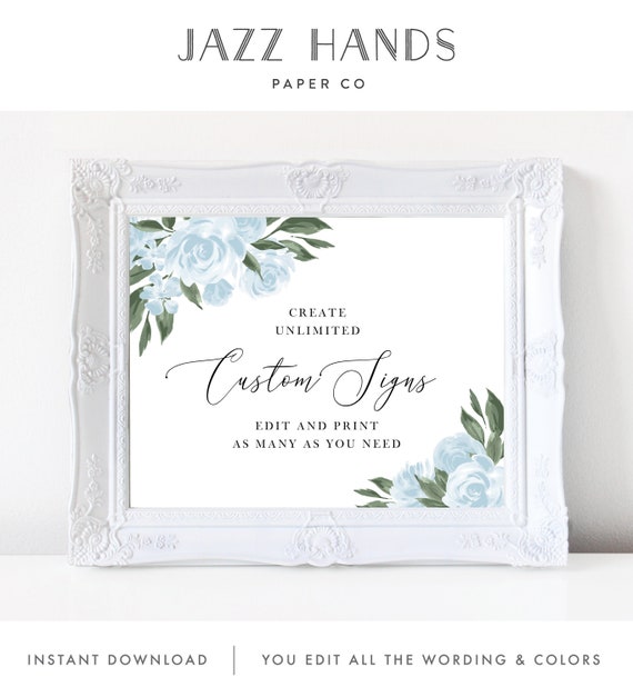 Wedding Signs Template with Dusty Blue Watercolor Floral Design, Fully Editable Colors and Wording with Templett, 137V15 Il_570xn